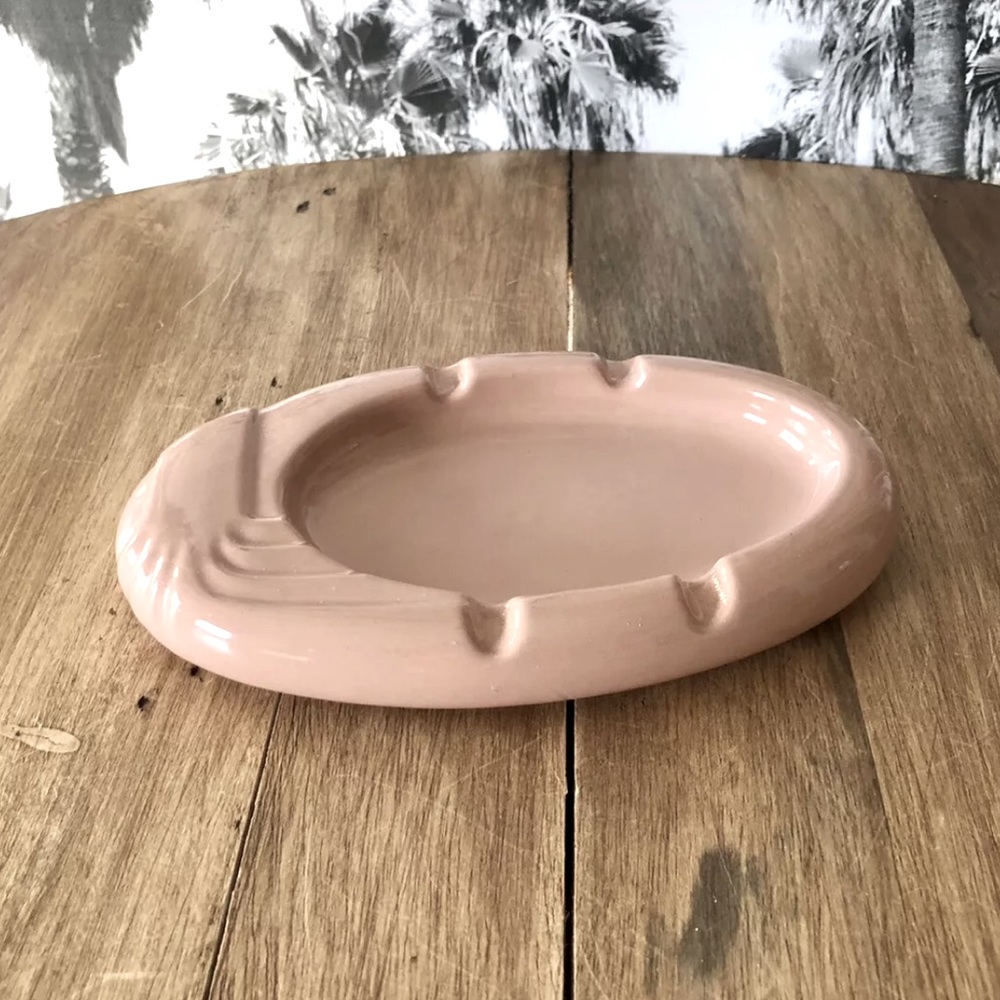 Vintage 1980s Retro Modern Ceramic Ashtray, Peach Tone, Art Deco Curves